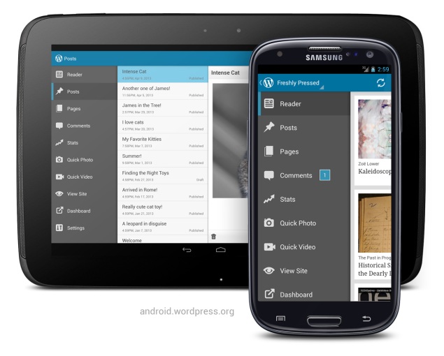 WordPress for Android 2.3: Nexus 10 ＆ Samsung Galaxy S3 のメニュードロワー画面