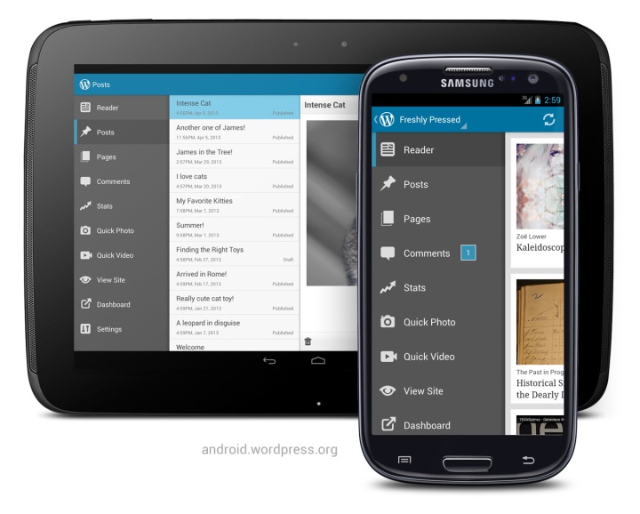 Version 2.3 of WordPress for Android: menu drawer on Google Nexus 10 and Samsung Galaxy S3