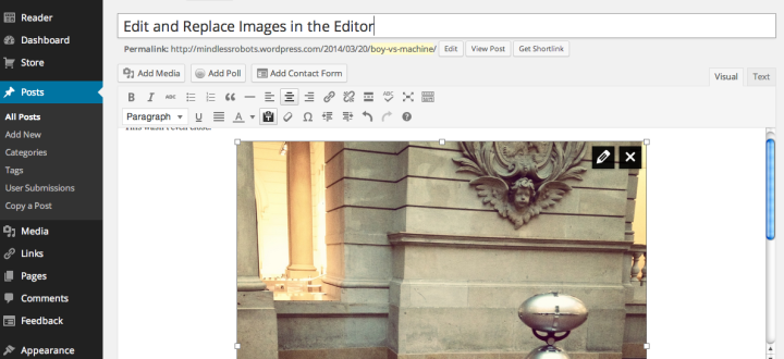 Resize an image you've already added to your post directly in the editor.