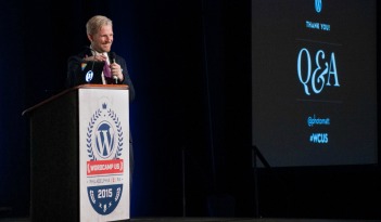 Matt Mullenweg delivers the State of the Word, at the Inaugural WordCamp US, in 2015 #wcus