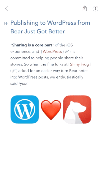 A 10 second screen recording of the process of sharing a note from Bear to WordPress