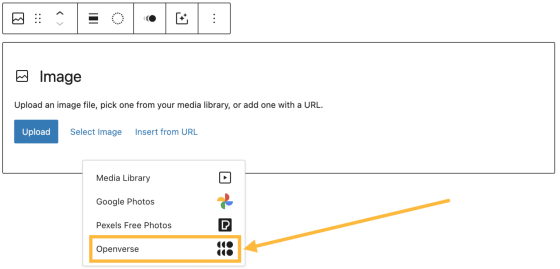 Screenshot of accessing the Openverse media library from the Image Block on WordPress.com 