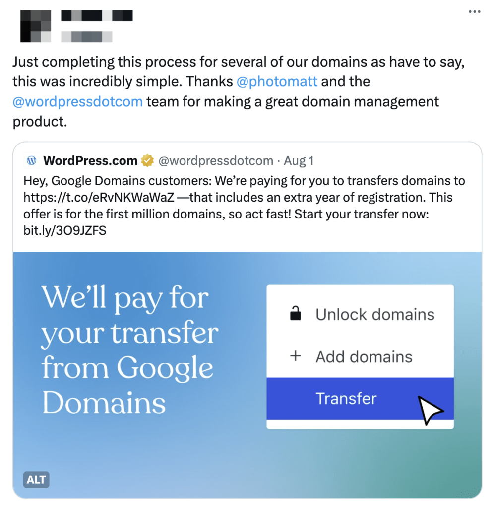 Screenshot of a customer on Twitter who was happy with the domain transfer process and thanked Matt for a great product. 