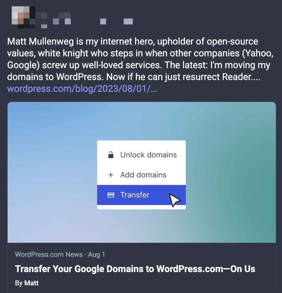 Screenshot of a customer's Mastadon post saying that he's glad that WordPress.com is continuing to uphold open source values and offer a domain alternative to Google/Squarespace. 