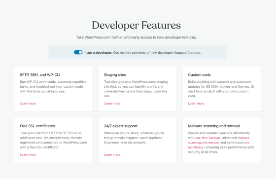 the Developer Features page on WordPress.com with an "I am a developer" toggle and cards displaying developer features like SFTP, SSH, WP-CLI, Staging sites, and Custom code