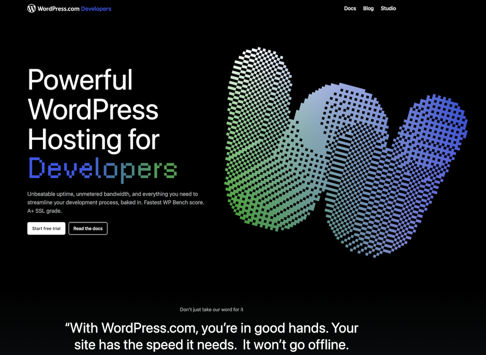 The new developer.wordpress.com homepage with a black background, a pixelated W logo, and the headline 'Powerful WordPress Hosting for Developers'