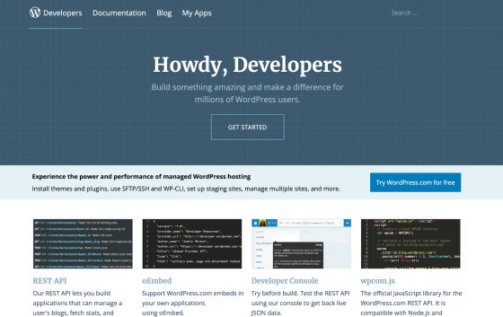 The old developer.wordpress.com homepage with the headline 'Howdy, Developers' on a blue background with several CTAs to get started and try WordPress.com for free