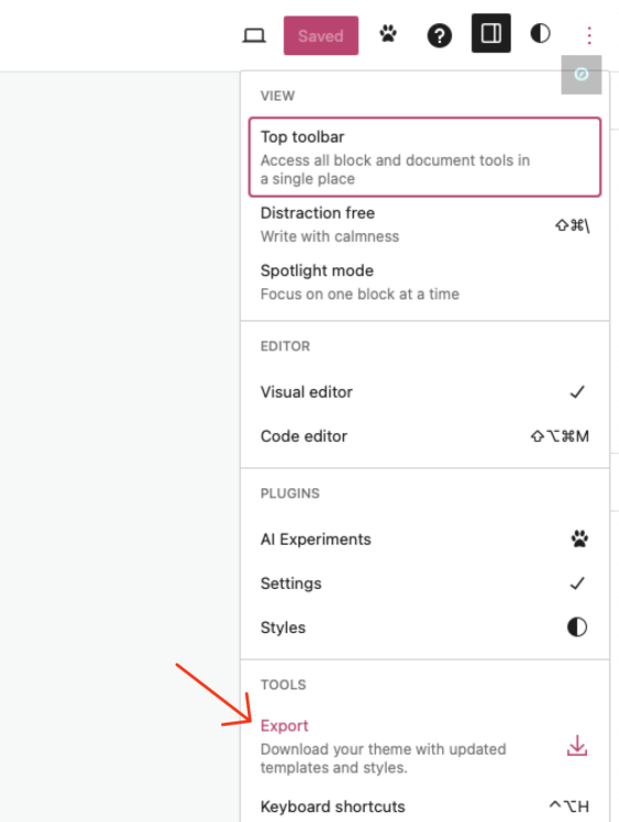 WordPress settings with a red arrow pointing to the Export tool