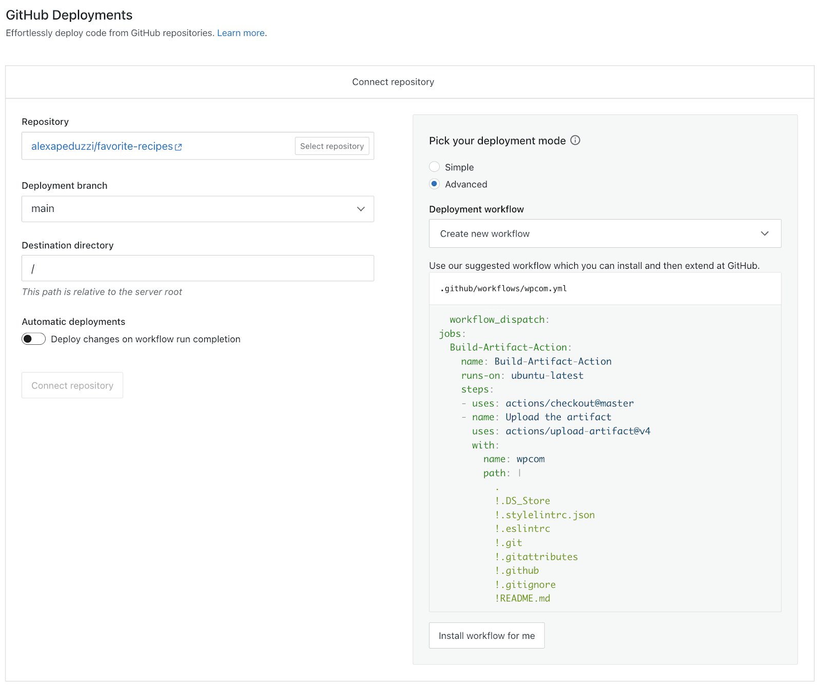 WordPress.com's GitHub Deployments page for connecting repositories with fields for Repository, Deployment branch, Destination directory, and Automatic deployments. Advanced deployment mode is selected, showing a workflow.