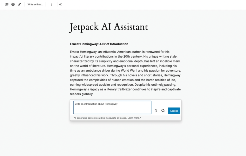 تصویری از تجربه کاربری Jetpack AI Assistant در ویرایشگر سایت WordPress.com. 
